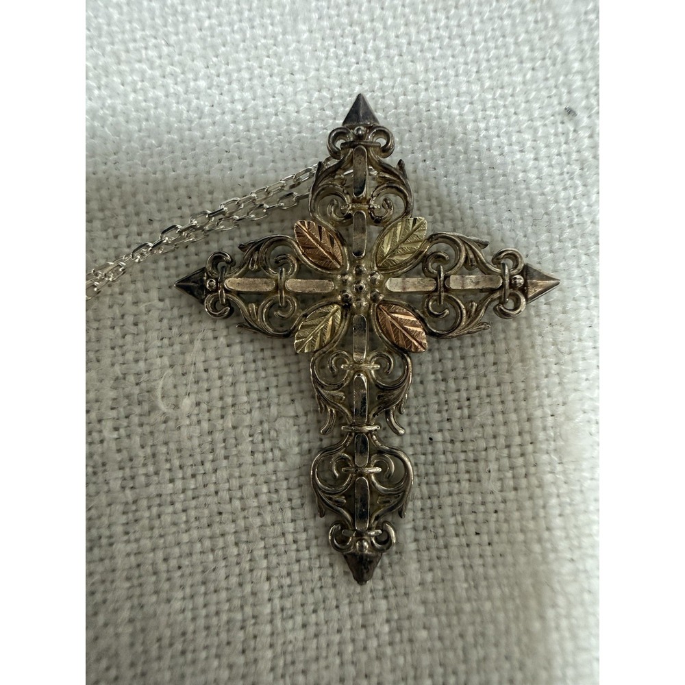 Black Hills Gold Coleman Co. 925 Sterling &12k Gold Filigree Cross Necklace 22"